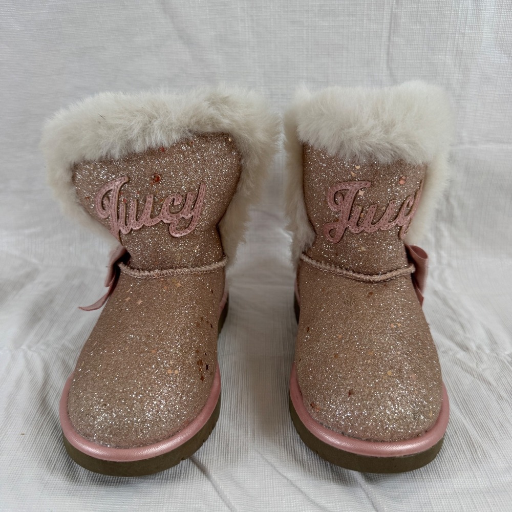 Juicy Couture‎ Lil Windsor Rose Gold Glitter Faux Fur Boots Size 8M